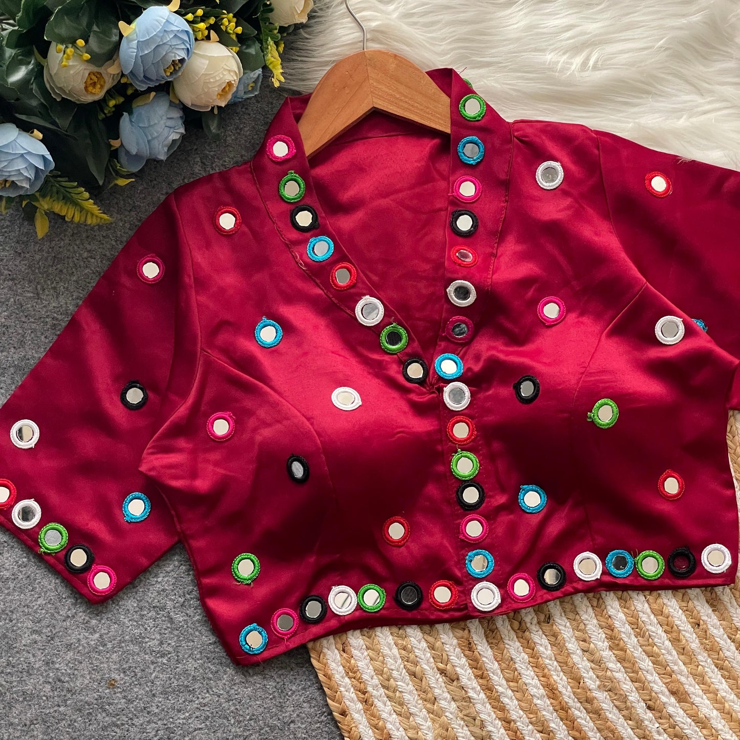 Satin silk mirror work and collar ready made blouses