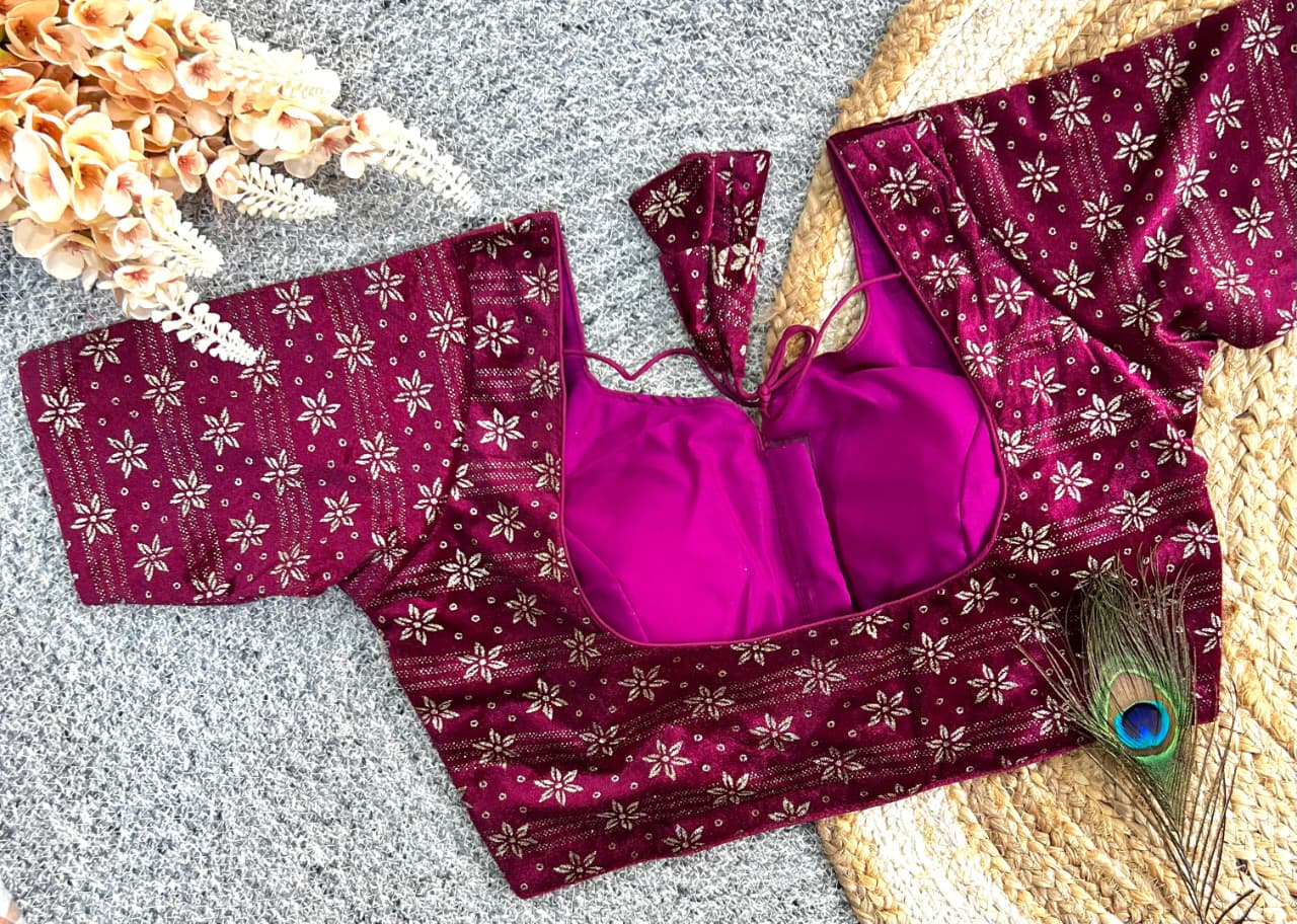 Foil work on velvet ready made blouse