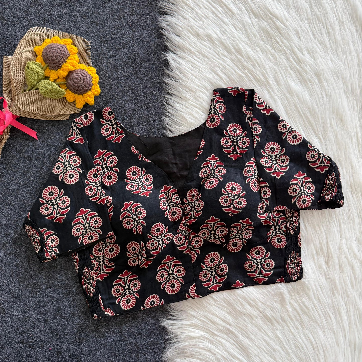 Beautiful hand block print with side elastic ready made blouse