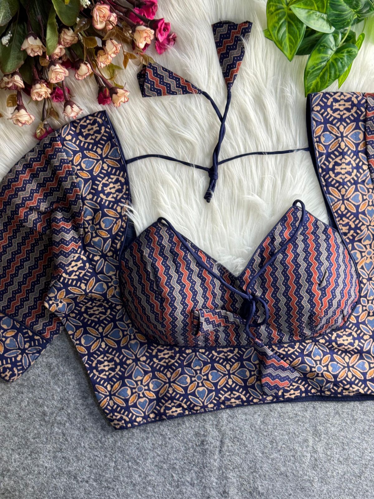 Pure ajrakh print cotton halter neck - premium ready made blouse