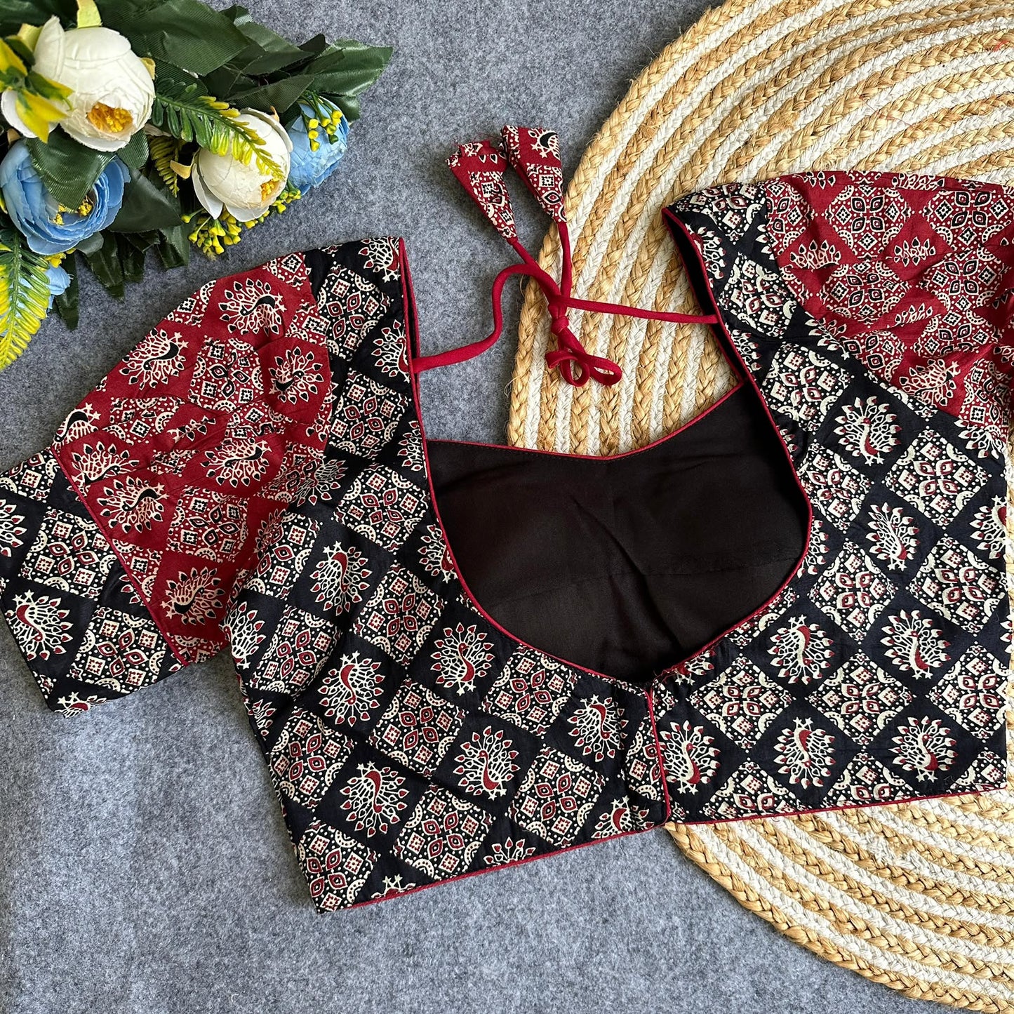 Original ajrakh cotton halter neck puff sleeve ready made blouse