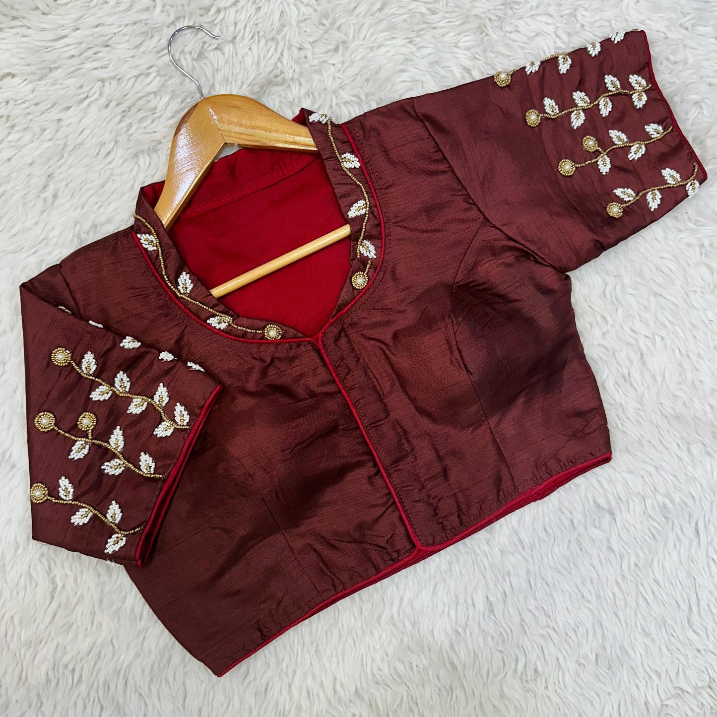 Beautiful handwork all over back and sleeves with designer handcrafted collar ready made blouse