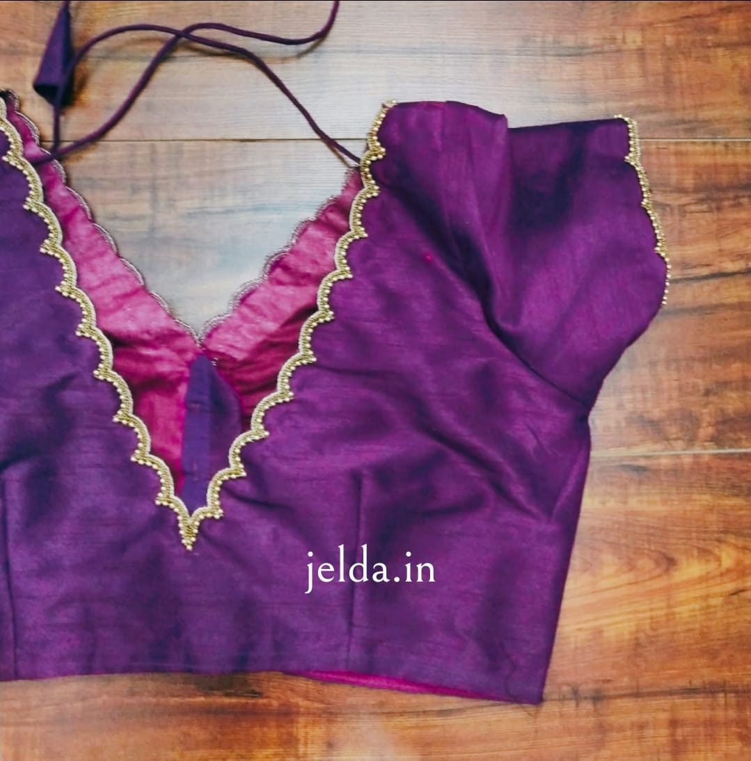 Semi Raw Silk V Neck Short Sleeves - Premium Custom Made Blouse