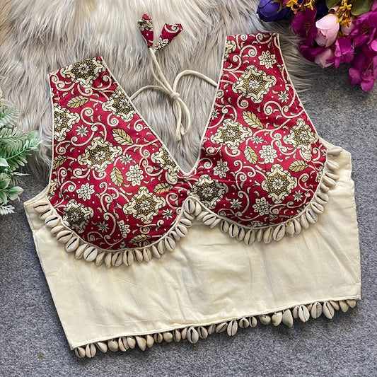 Ajrakh Printed Cotton With Real Shells - Premium Readymade Blouse