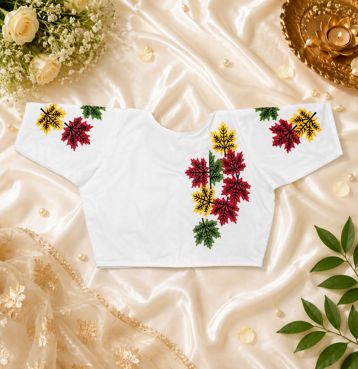 Leaf embroidery ready made blouse