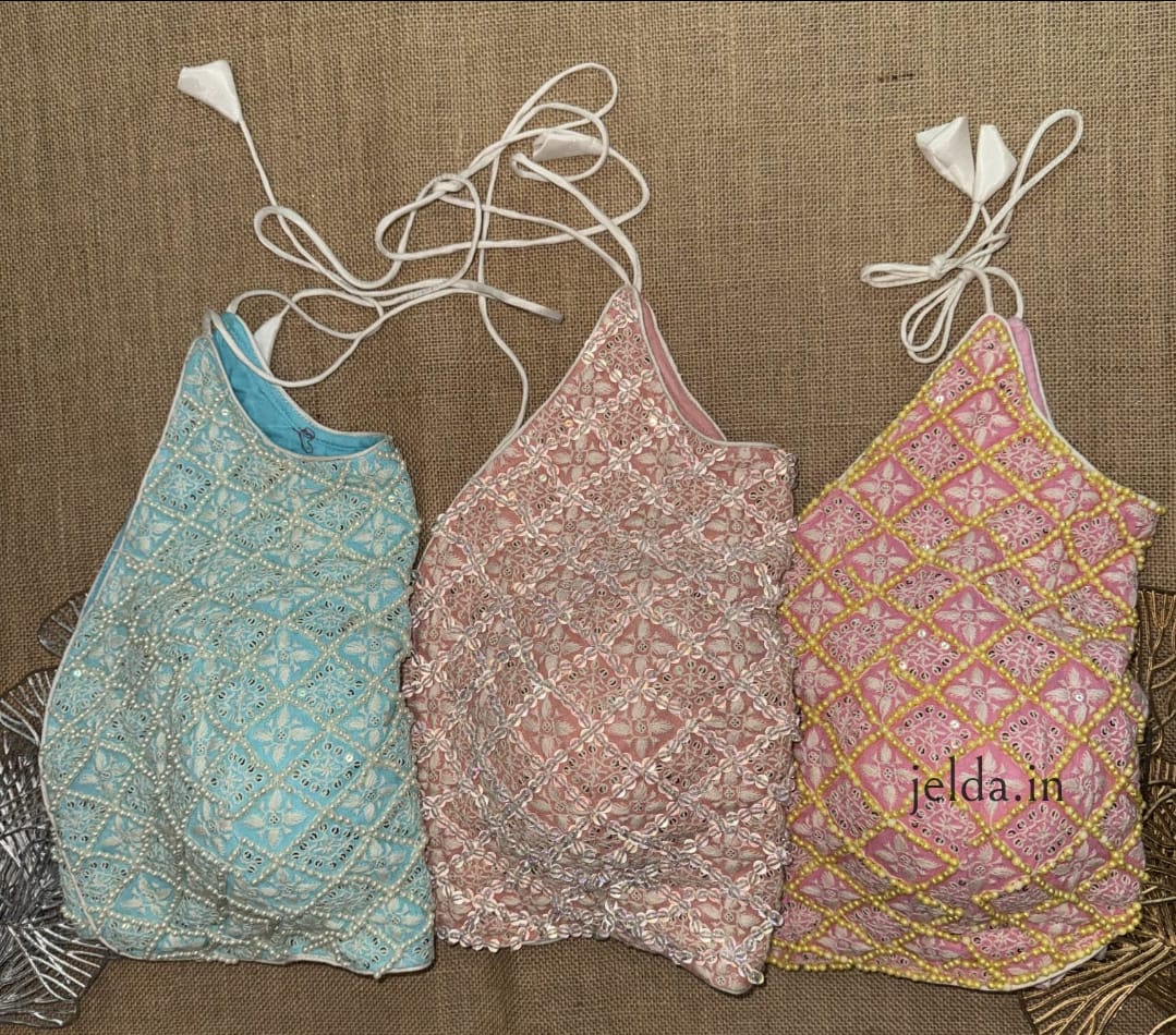 Elegant Spaghetti Strap Chikankari Bralette Closed High Neck Blouse – Soft Pastels