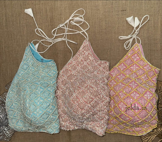 Elegant Spaghetti Strap Chikankari Bralette Closed High Neck Blouse – Soft Pastels