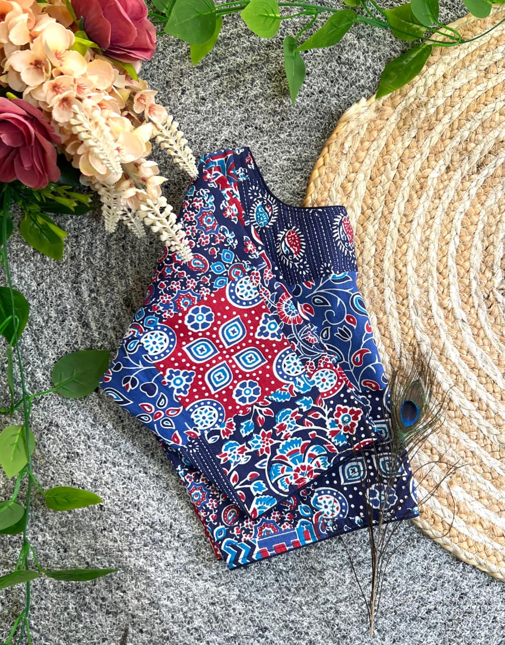 Pure ajrakh cotton morpich print ready made blouse