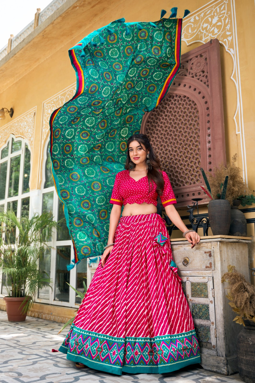 Embrace Cultural Grandeur with Our Elegant Leheriya Print Tussar Silk Lehenga Choli