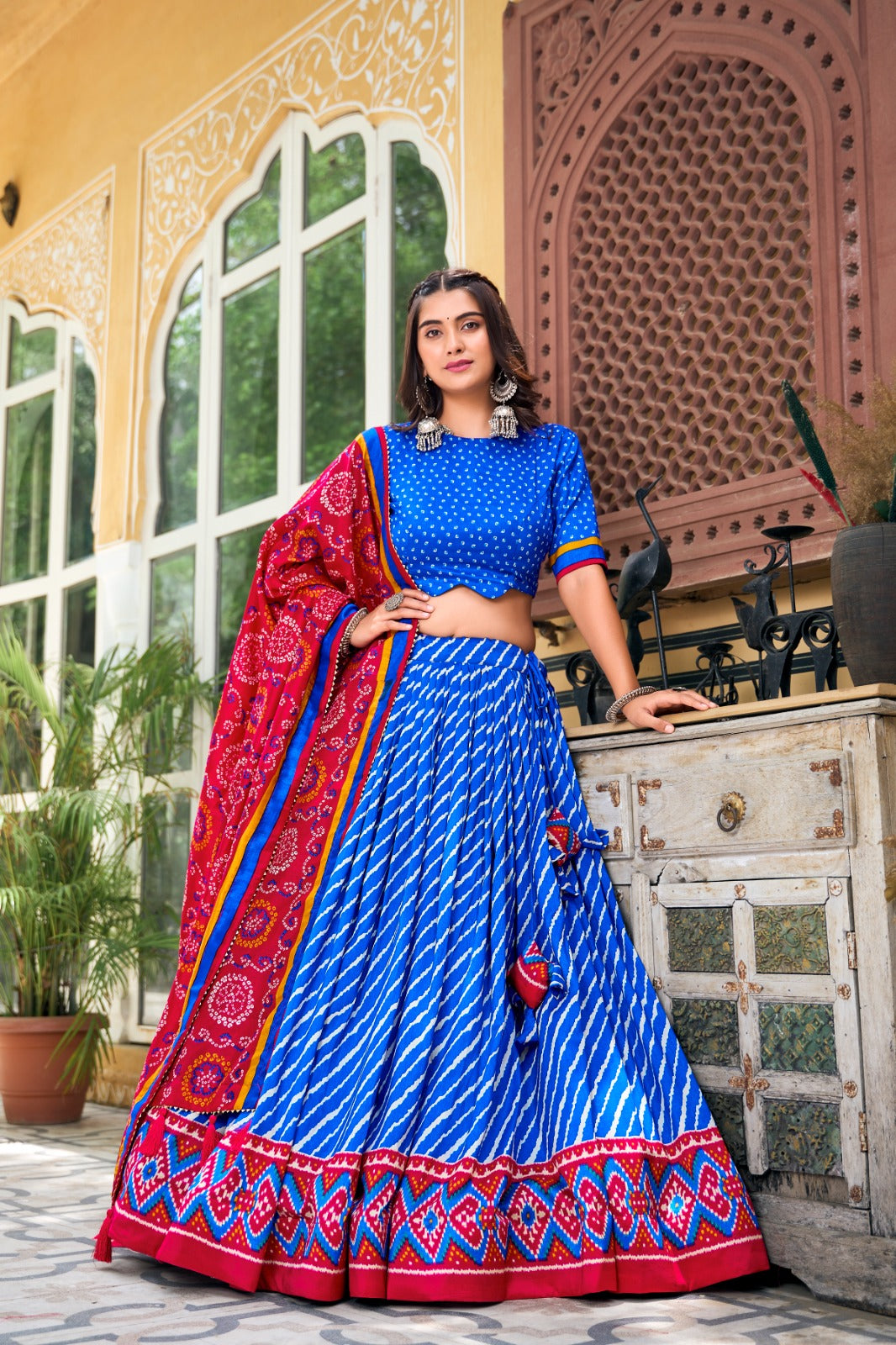 Embrace Cultural Grandeur with Our Elegant Leheriya Print Tussar Silk Lehenga Choli