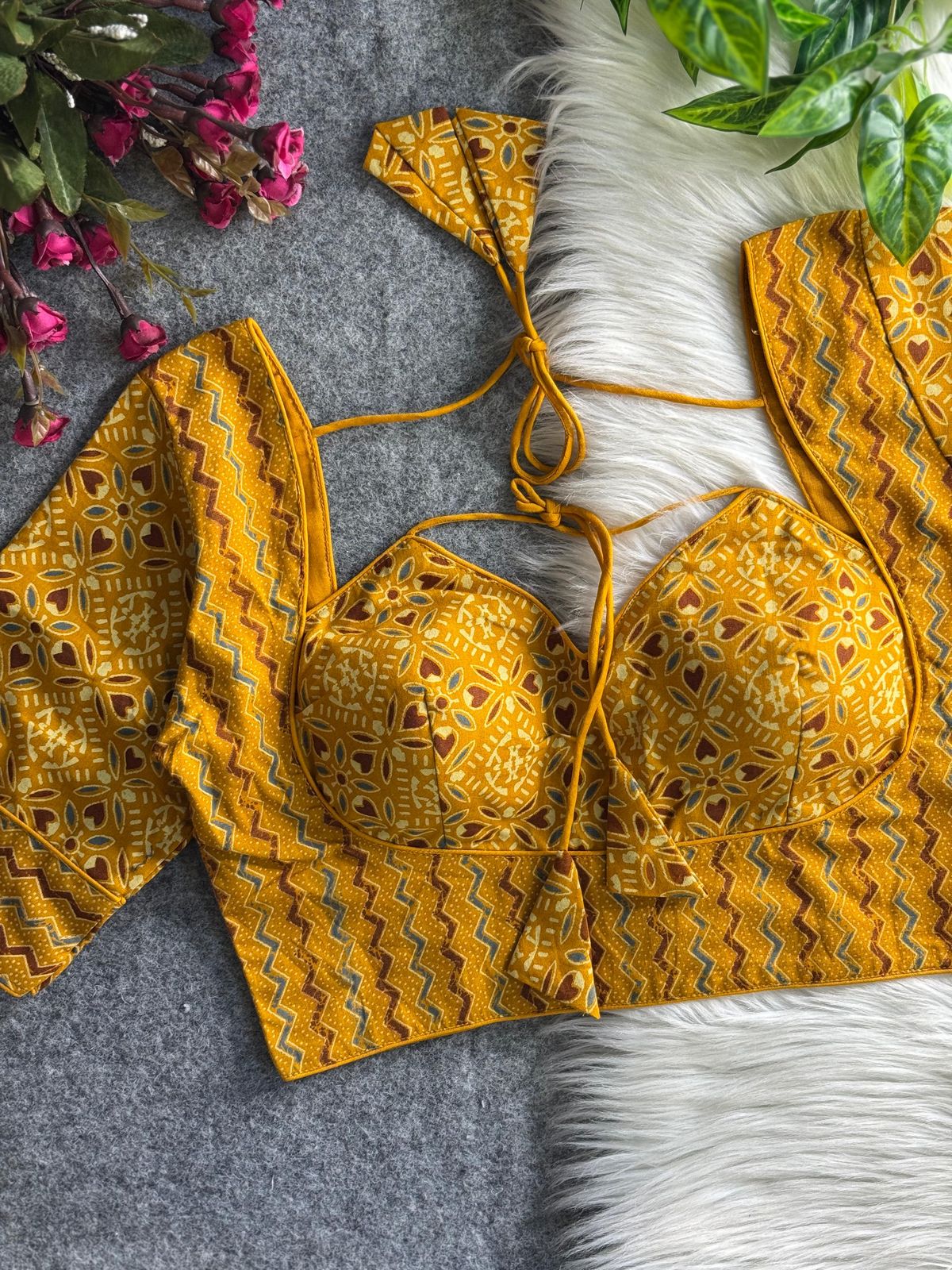 Pure ajrakh print cotton halter neck - premium ready made blouse