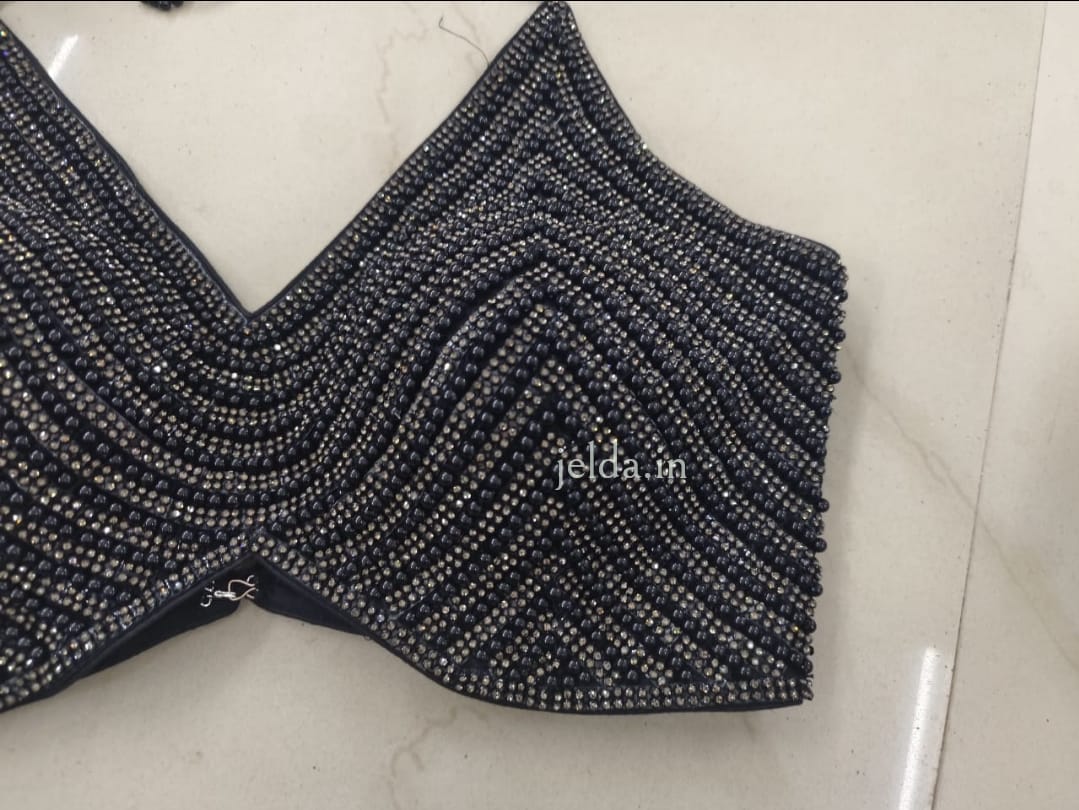 Exclusive stone work and pearl net work v neck - custom made blouses