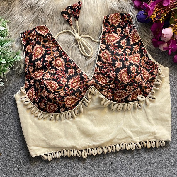 Ajrakh Printed Cotton With Real Shells - Premium Readymade Blouse