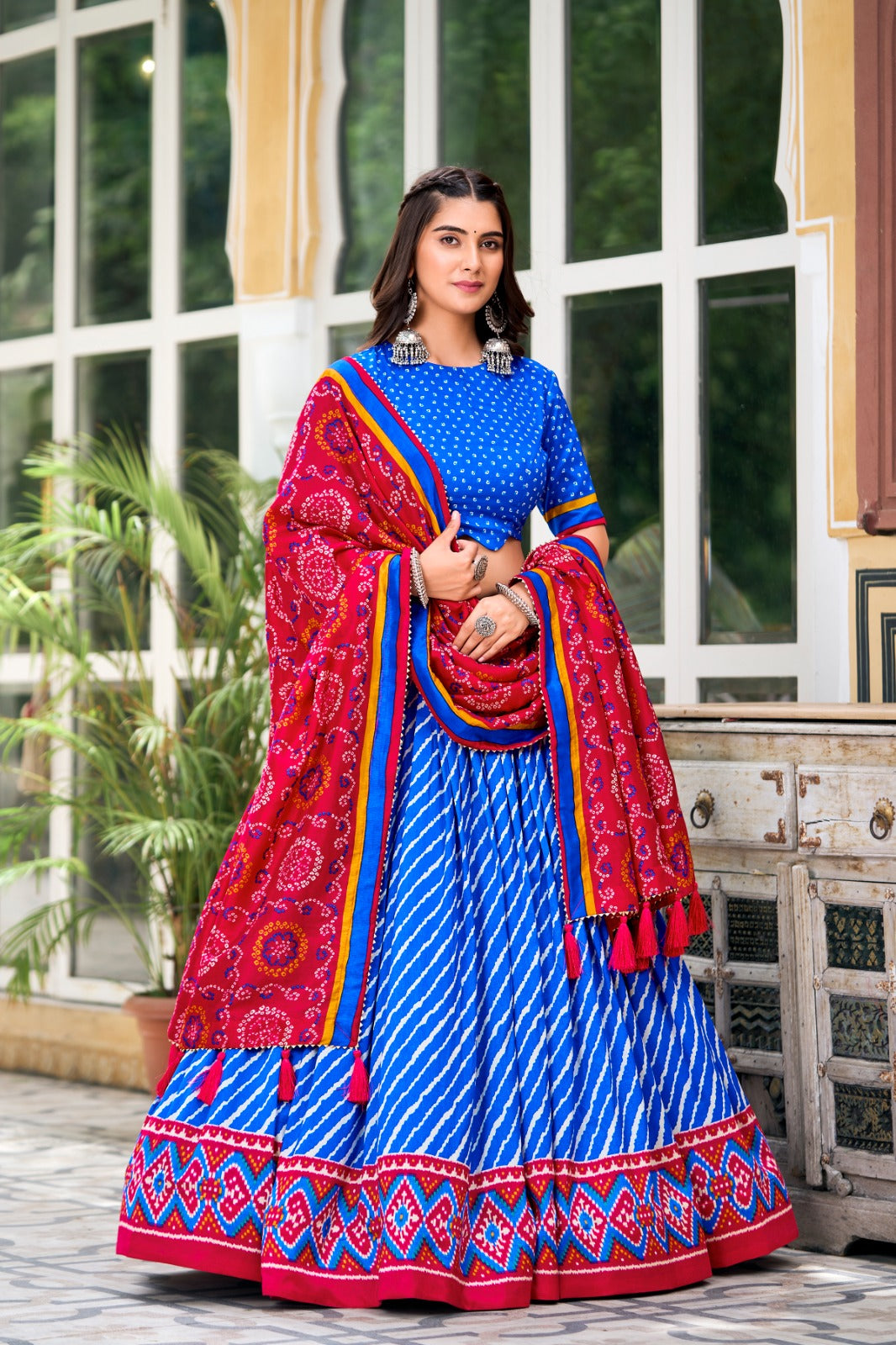 Embrace Cultural Grandeur with Our Elegant Leheriya Print Tussar Silk Lehenga Choli