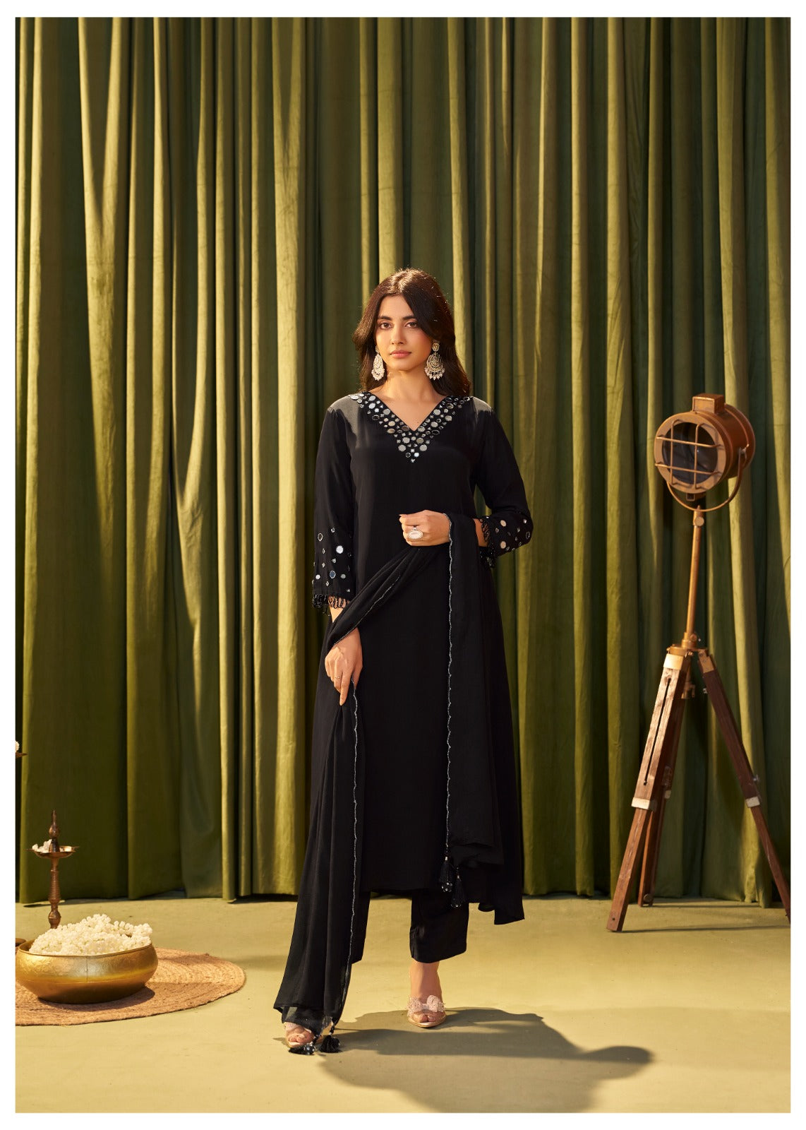 Crepe fabric suit with mirror and cut dana work salwar suit