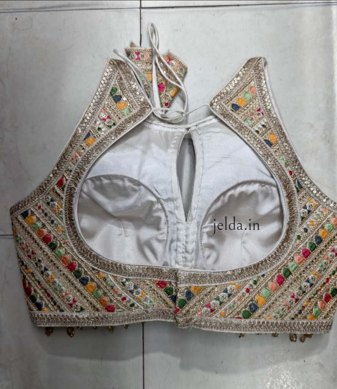 Heavy Embroidered Halter-Neck Lace Work Blouse with Front Keyhole