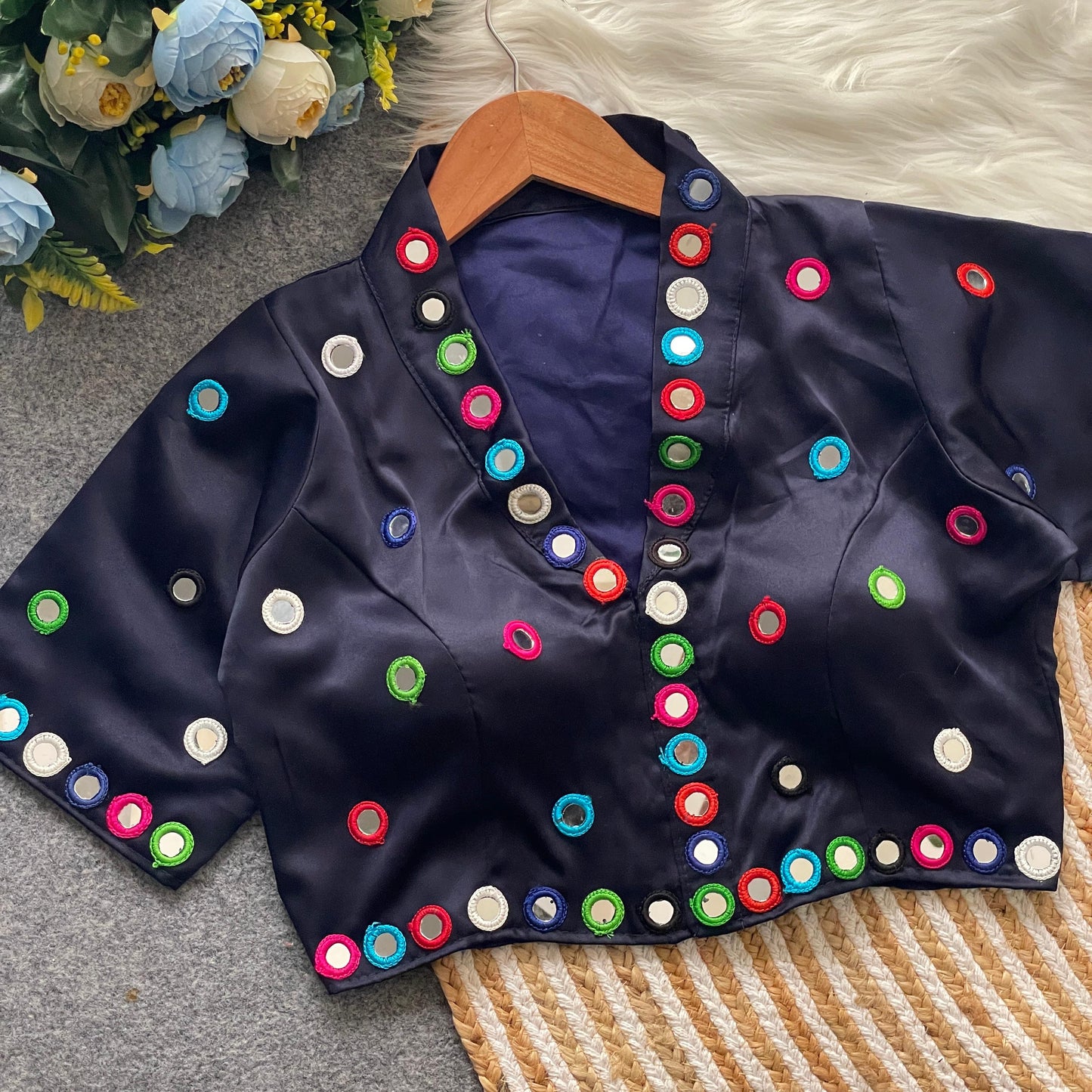 Satin silk mirror work and collar ready made blouses