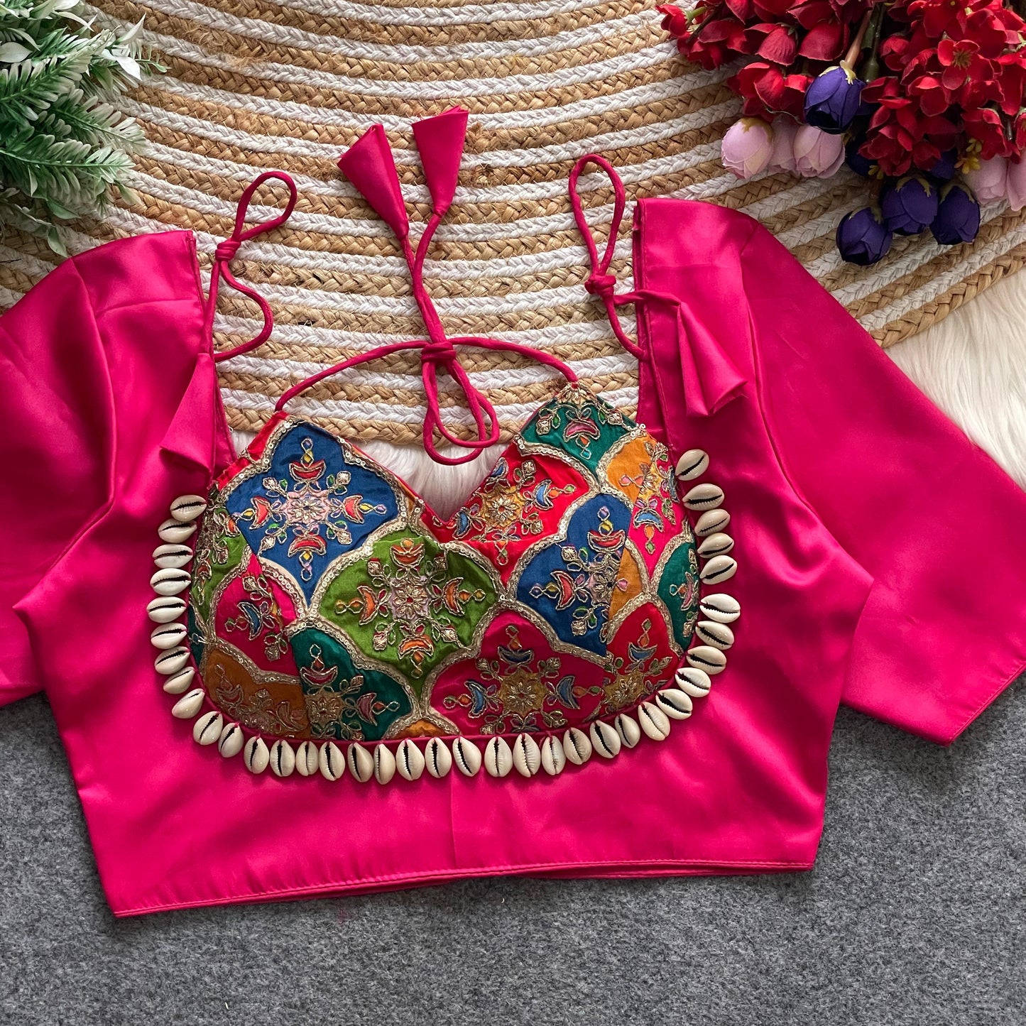 Heavy position print Embroidered work with HandWork of  Real shells  ready made blouses