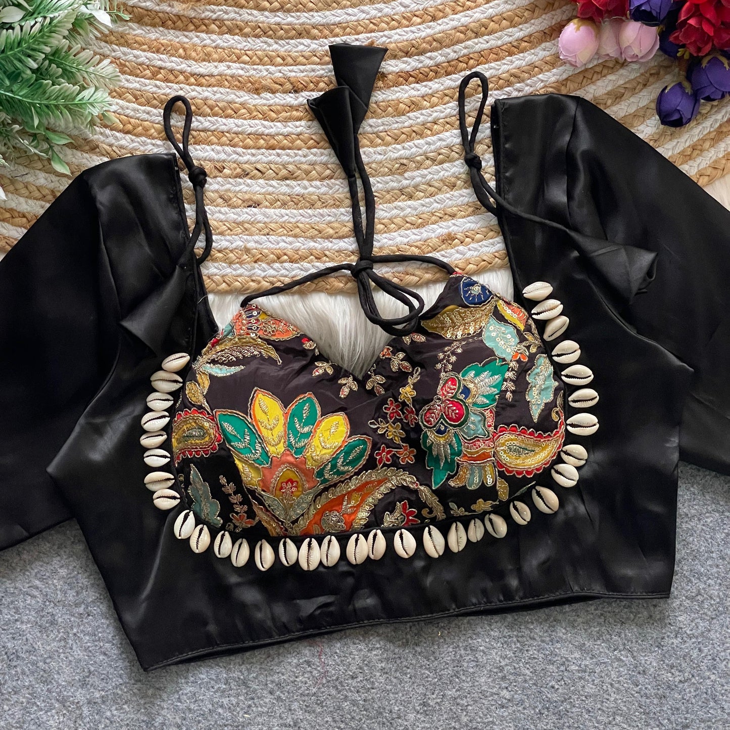 Heavy position print Embroidered work with HandWork of  Real shells  ready made blouses