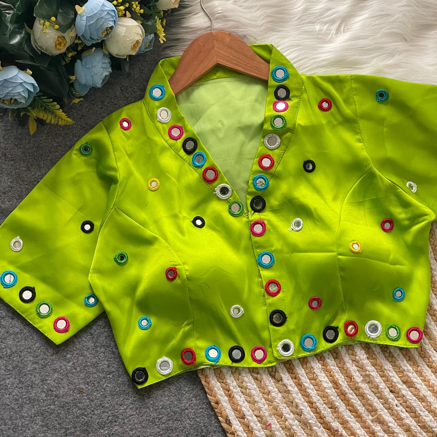 Satin silk mirror work and collar ready made blouses