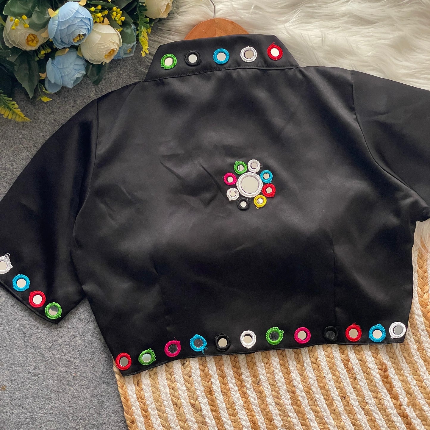 Satin silk mirror work and collar ready made blouses