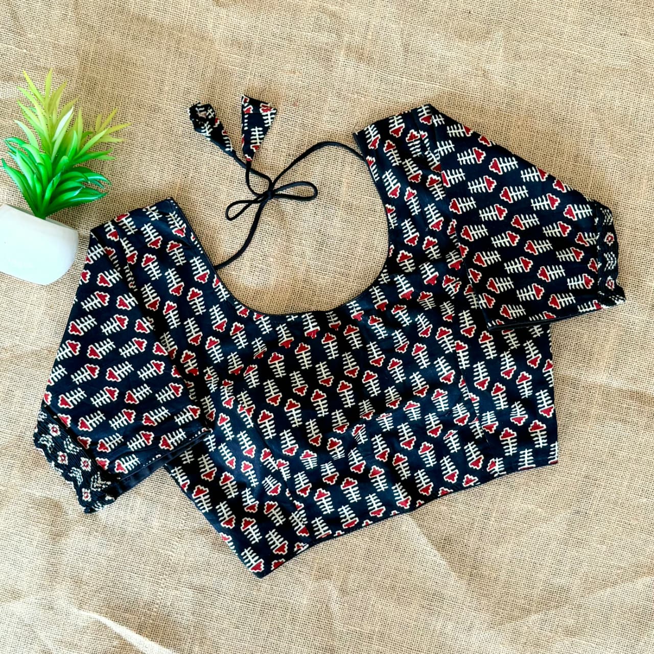 Beautiful hand block print with side elastic ready made blouse