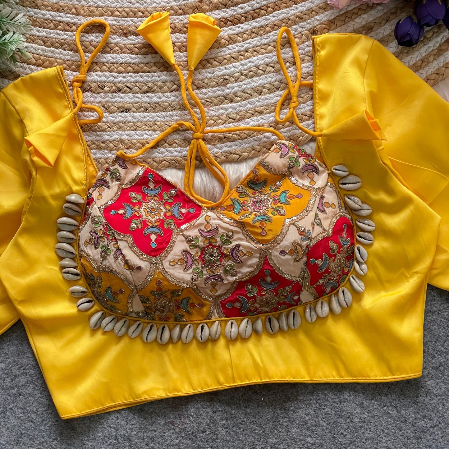 Heavy position print Embroidered work with HandWork of  Real shells  ready made blouses