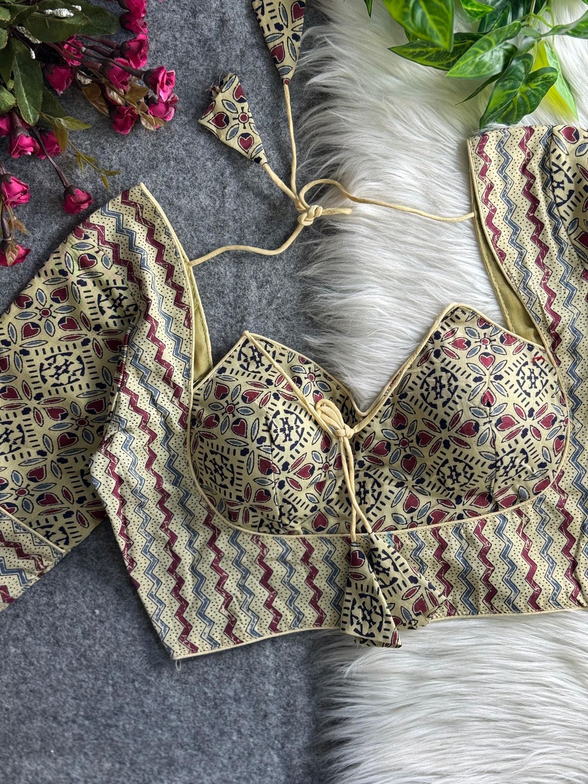 Pure ajrakh print cotton halter neck - premium ready made blouse