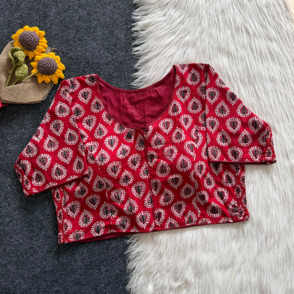Beautiful hand block print with side elastic ready made blouse