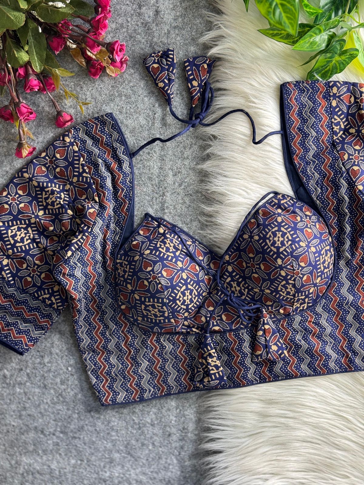 Pure ajrakh print cotton halter neck - premium ready made blouse