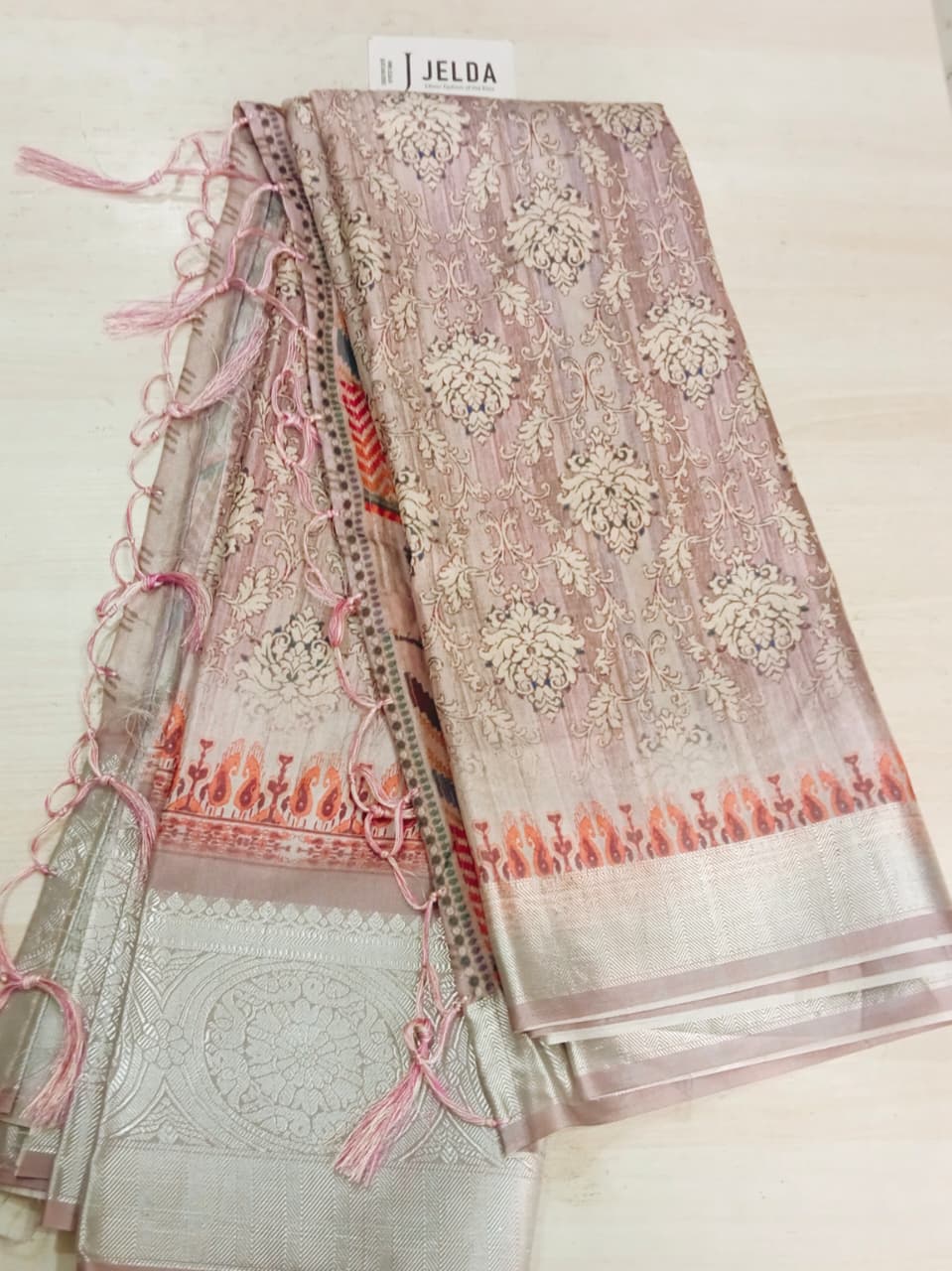 Printed work with silver border saree