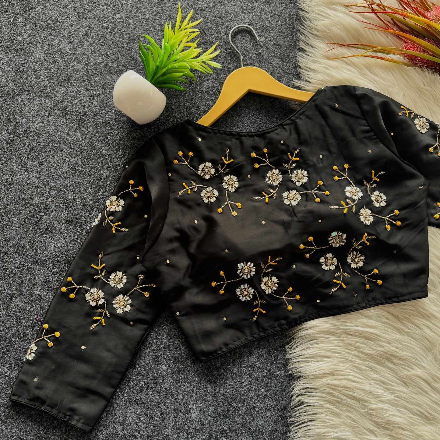 A beauty of golden handwork work with colourful thread and sequins all over ready made blouse