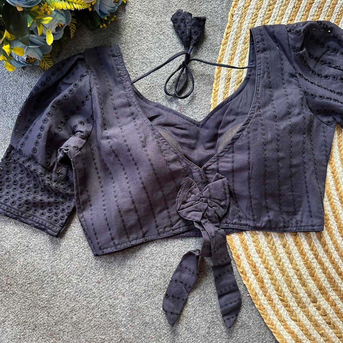 Pure hakoba cotton puff sleeve with bow ready made blouse