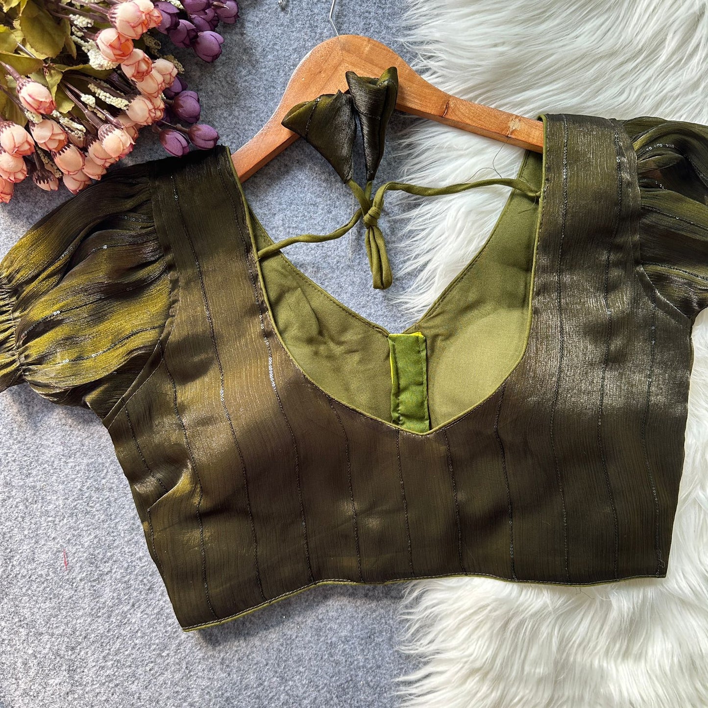 Two tone zimi chu slub shining material with sequins work ready made blouse