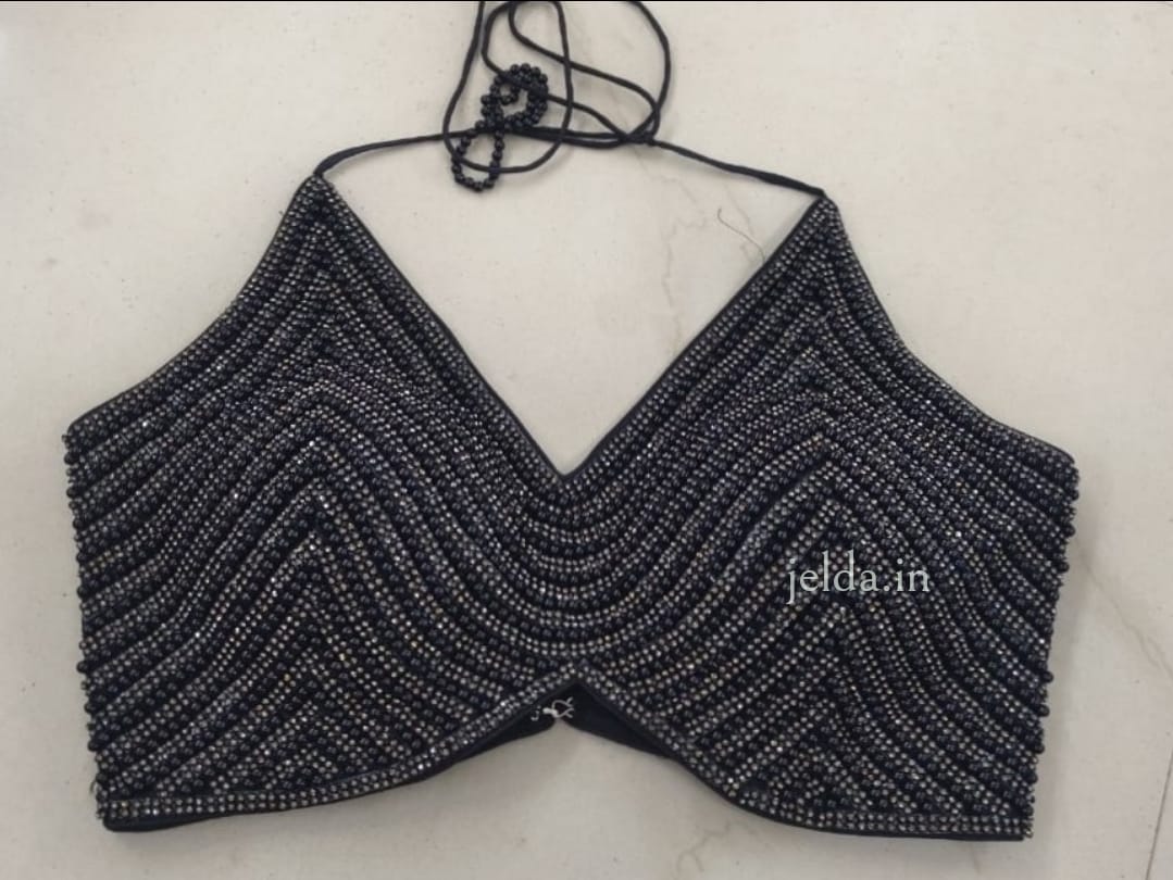 Exclusive stone work and pearl net work v neck - custom made blouses