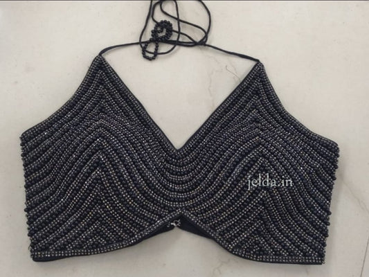 Exclusive stone work and pearl net work v neck - custom made blouses