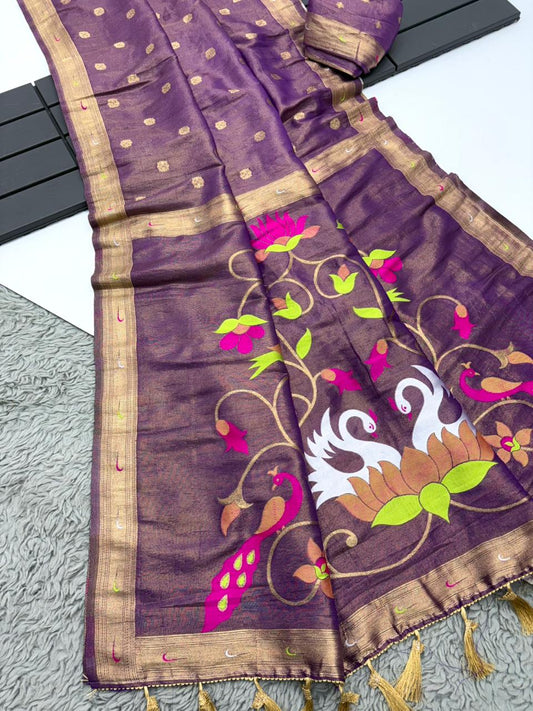 Festive splendor! Our Organza Tissue silk weaving Paithani saree