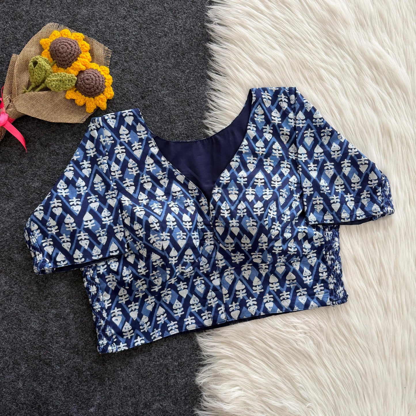 Beautiful hand block print with side elastic ready made blouse