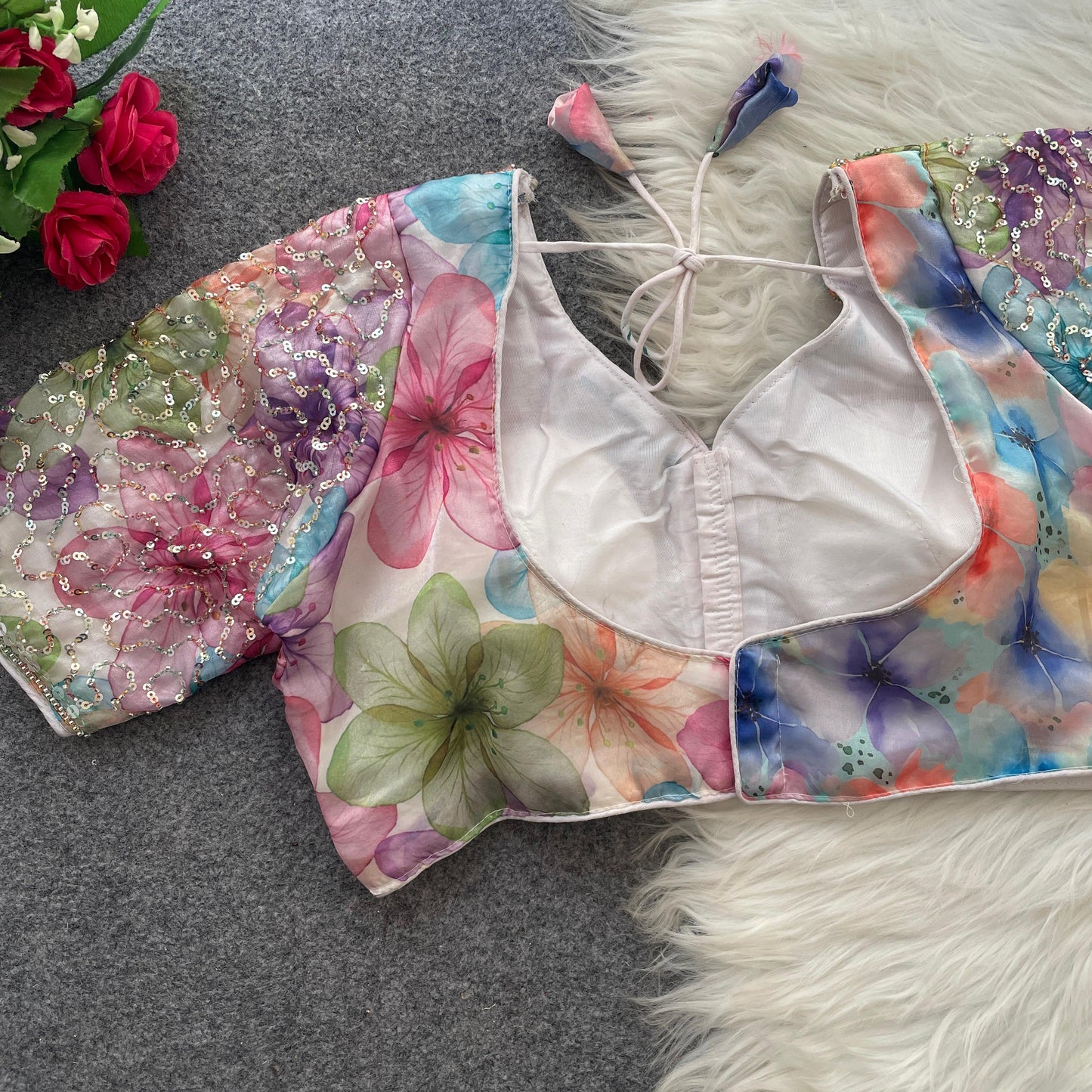 BEAUTIFUL BEADS WORK PARTYWEAR  FRANDY SILK  DIGITAL PRINT READY MADE BLOUSE