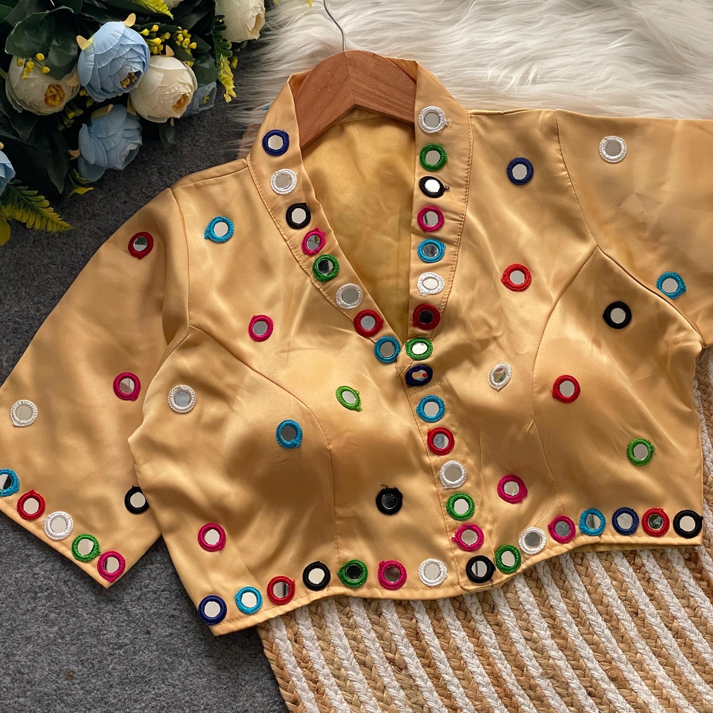 Satin silk mirror work and collar ready made blouses