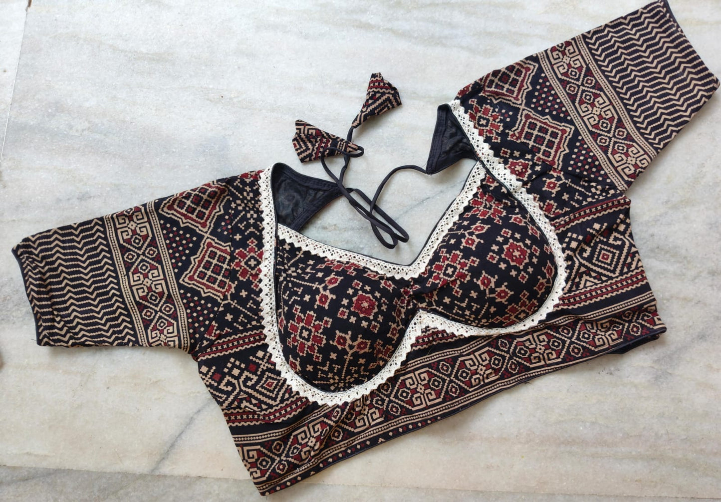 Ajrak Mumtaz With Lace Work - Premium Readymade Blouse