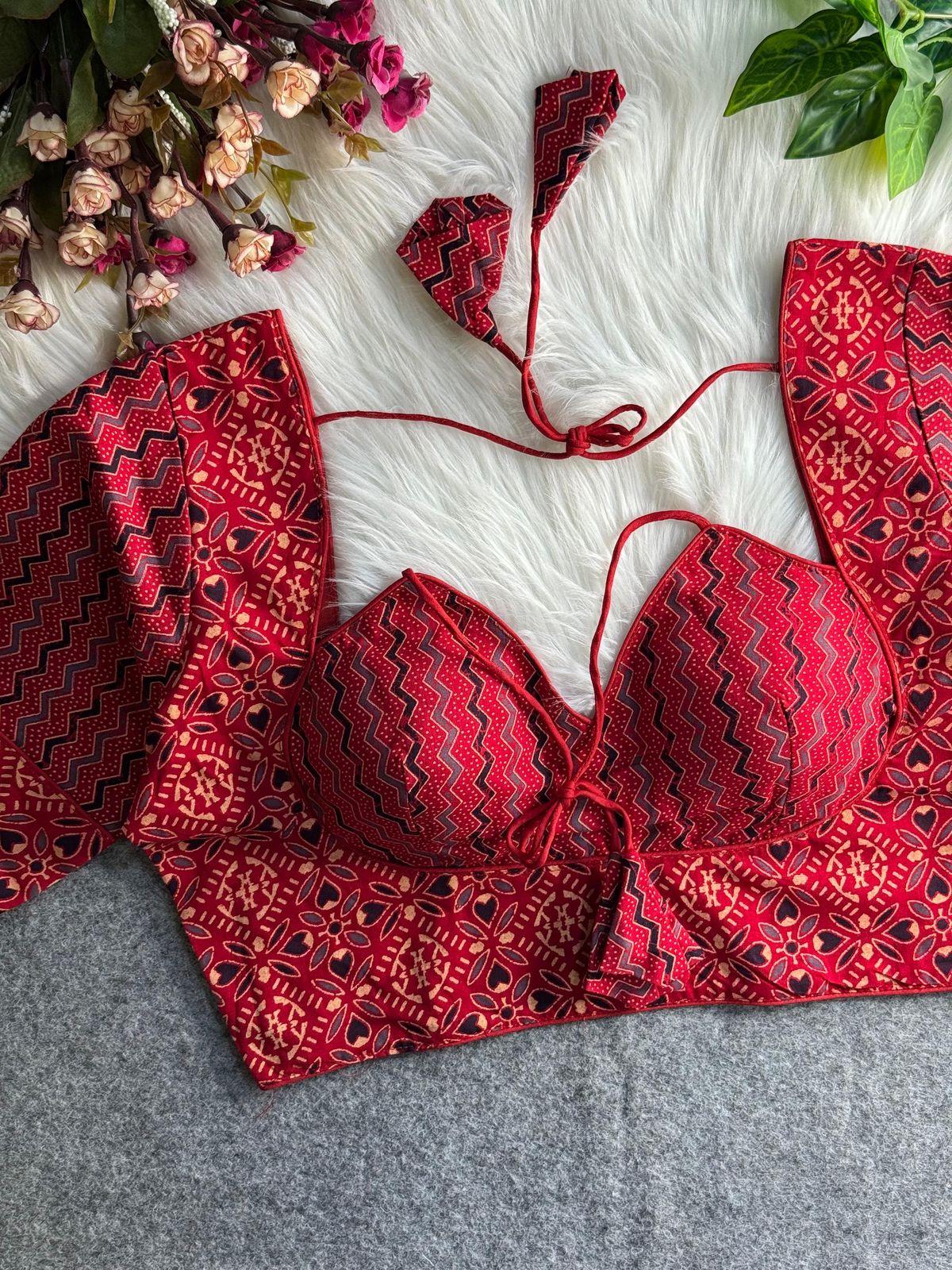 Pure ajrakh print cotton halter neck - premium ready made blouse