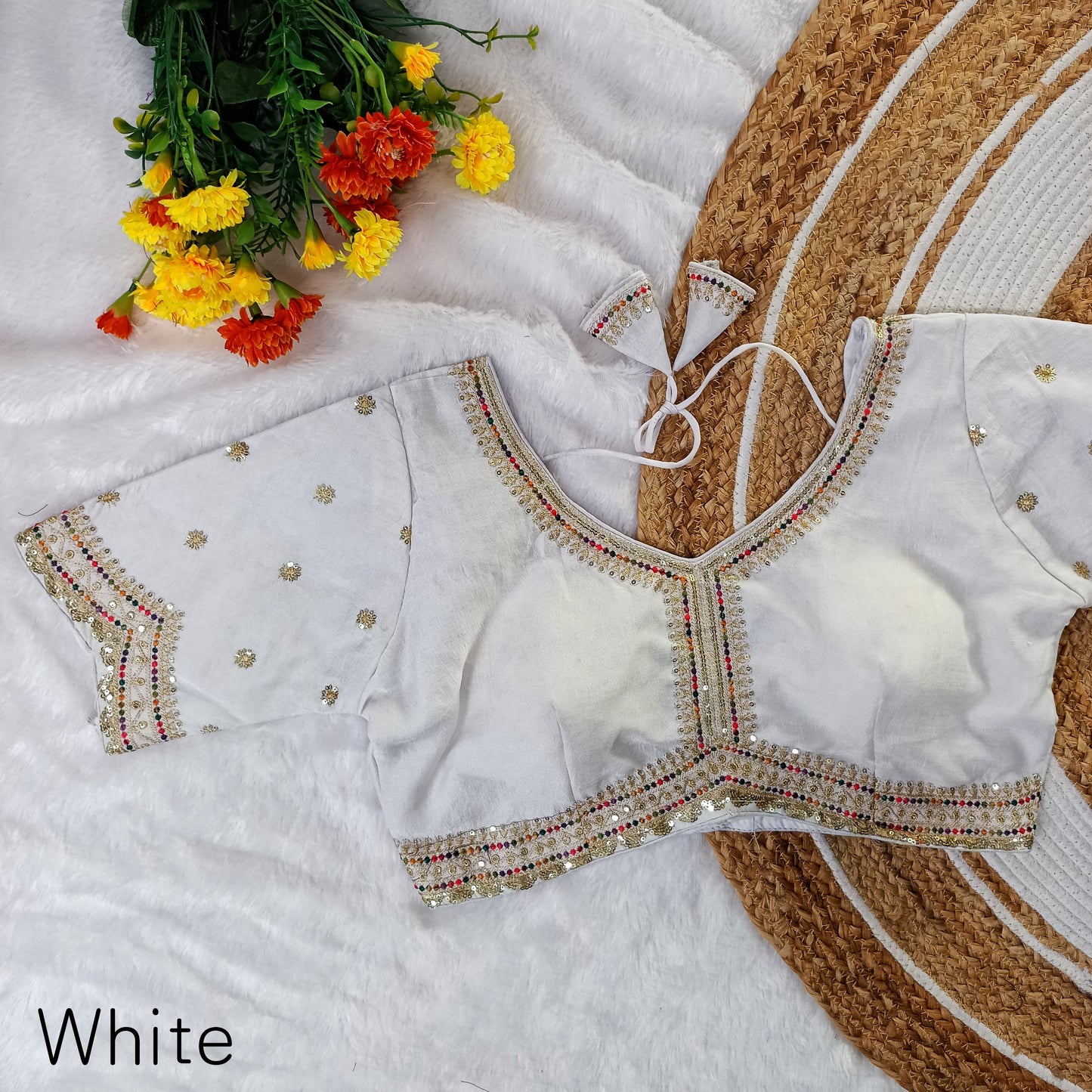 EXCLUSIVE MULTY COLOUR THREADS, JARI, SEQUINS APPLE CUT WORK EMBROIDERY READY MADE BLOUSES