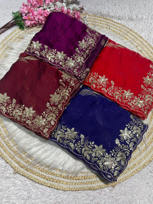 Fendy  Sattin embroidery work sarees