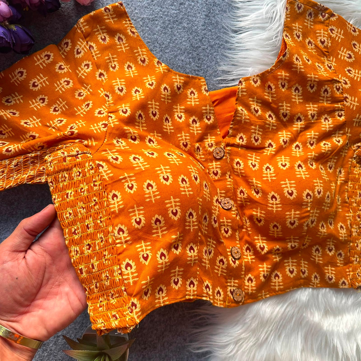 Beautiful hand block print with side elastic ready made blouse