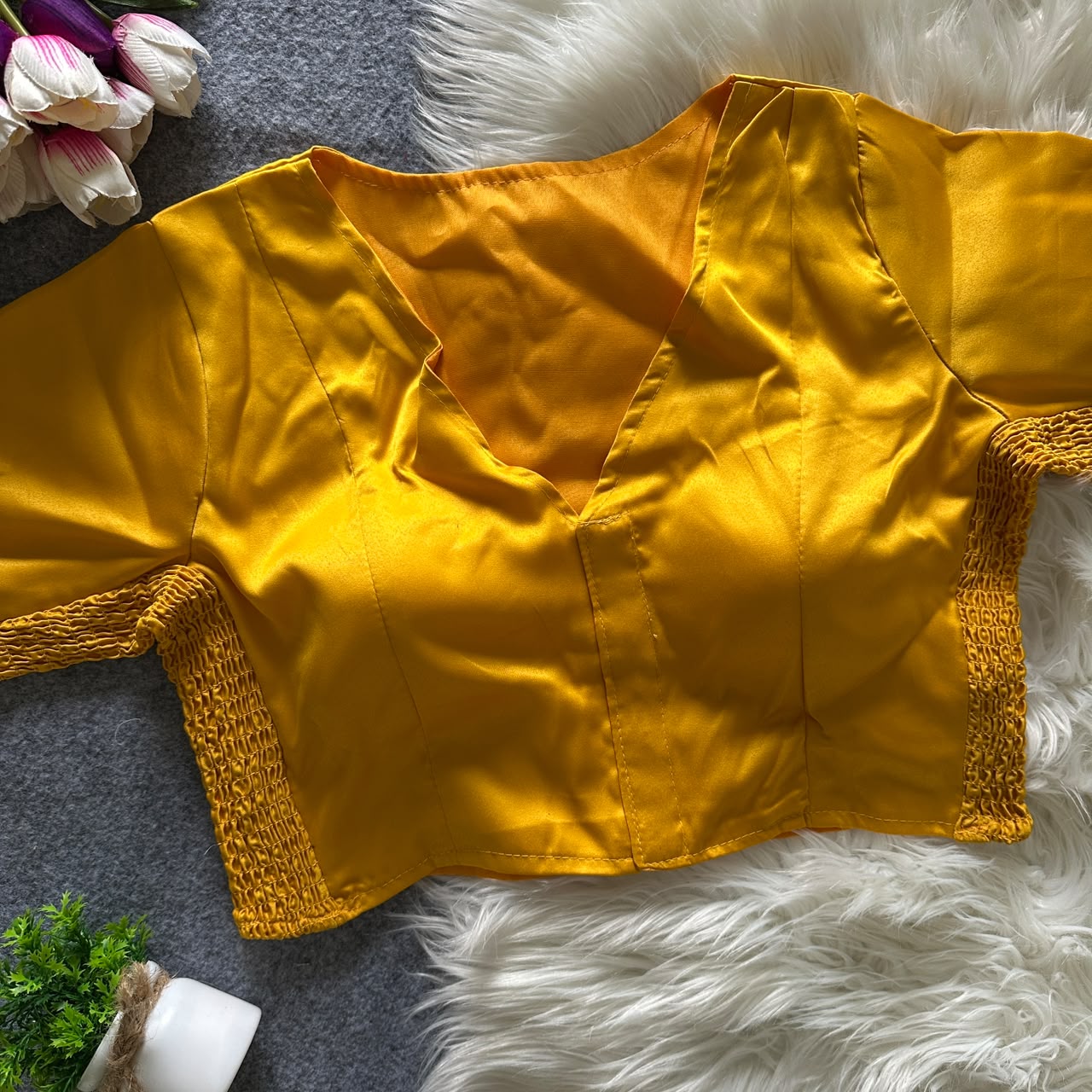 Soft silk fabric with elastic attach for better fitting ready made blouse