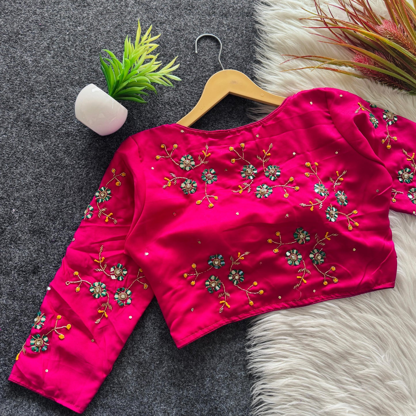 A beauty of golden handwork work with colourful thread and sequins all over ready made blouse