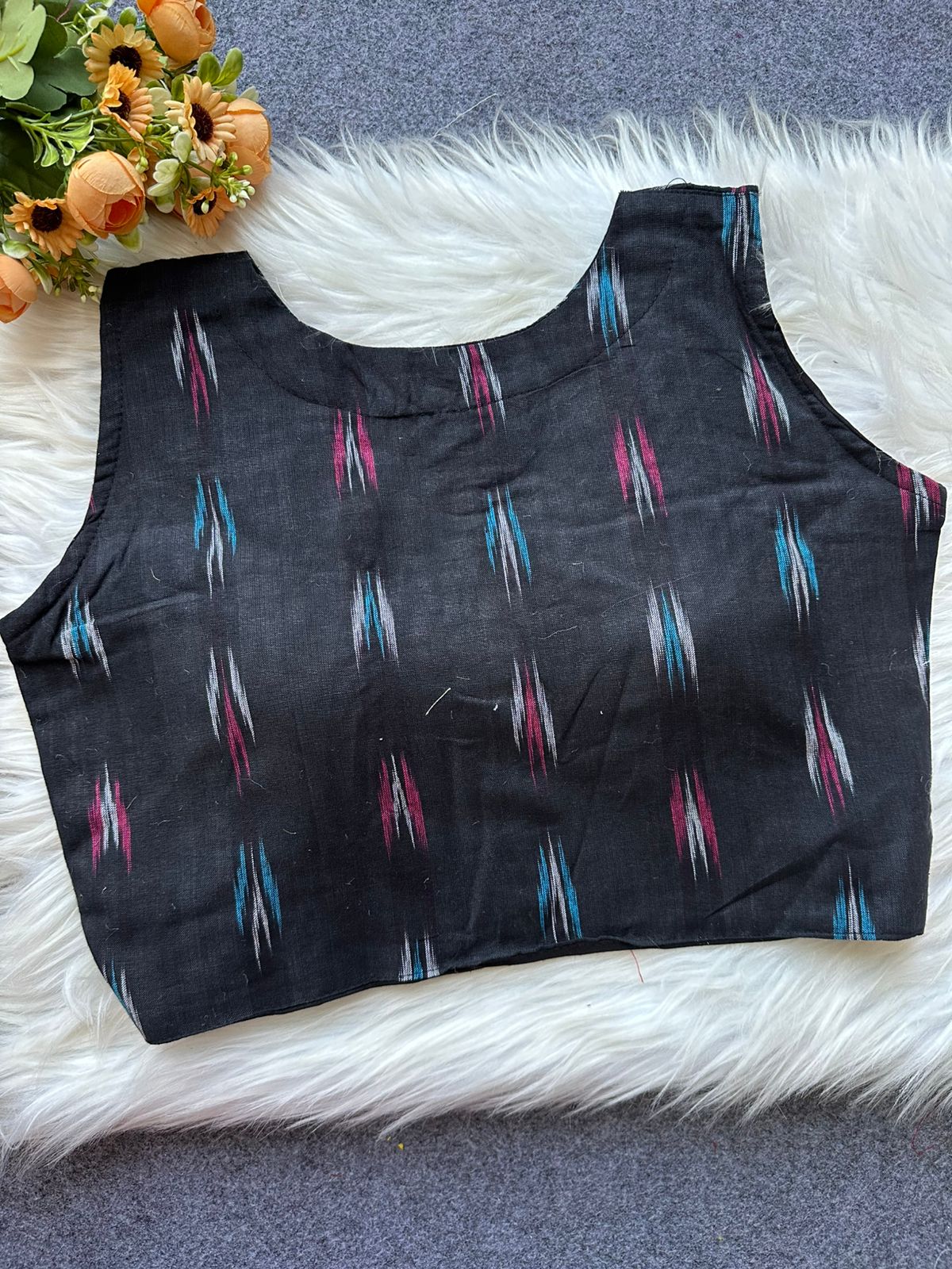 Pure ikkat Cotton sleeveless ready made blouse