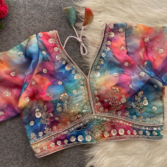 BEAUTIFUL BEADS WORK PARTYWEAR  FRANDY SILK  DIGITAL PRINT READY MADE BLOUSE