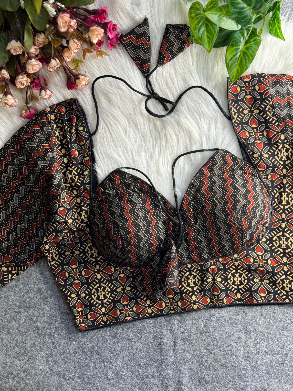 Pure ajrakh print cotton halter neck - premium ready made blouse